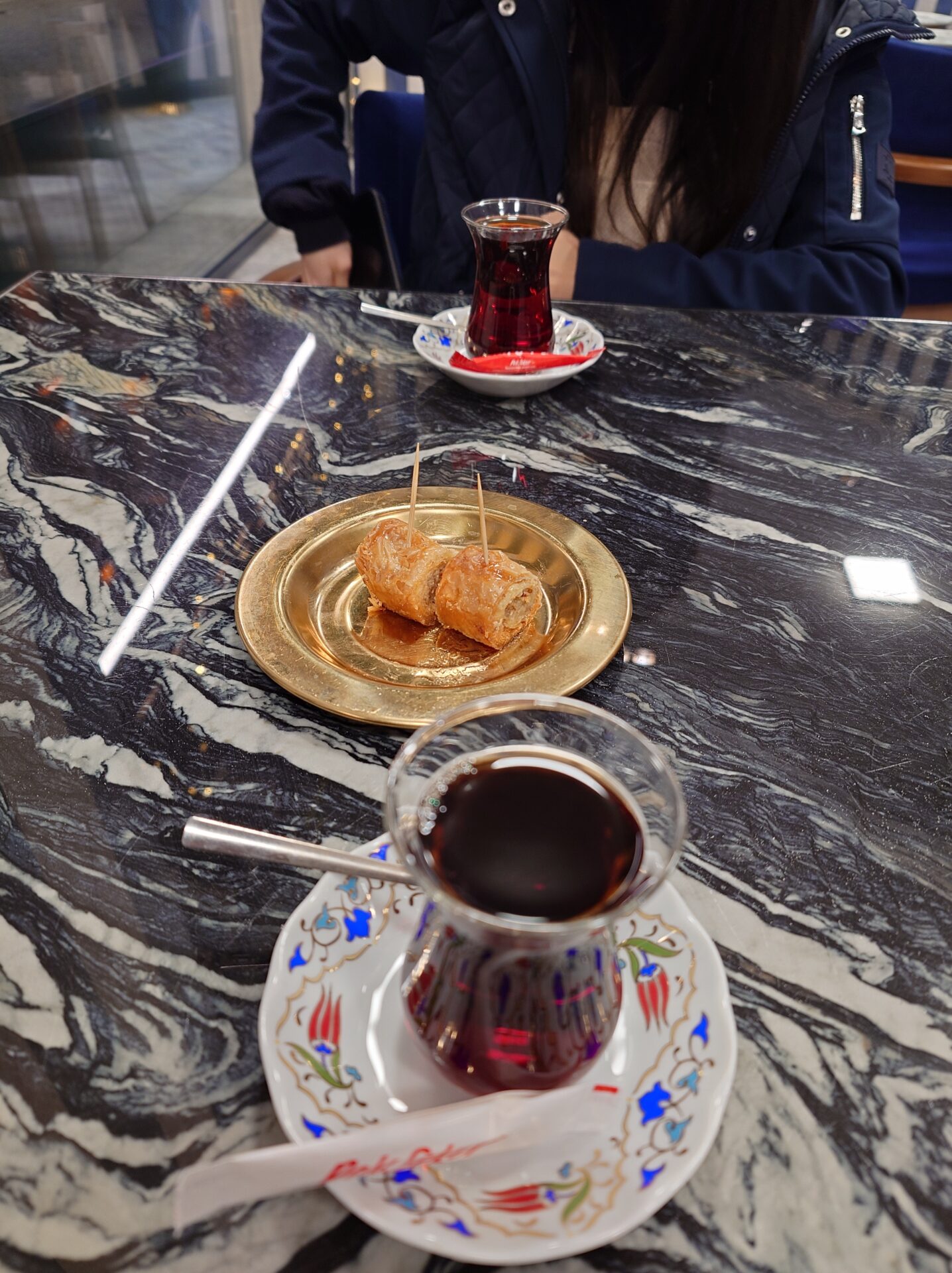Turkish tea and baklava as a dessert.