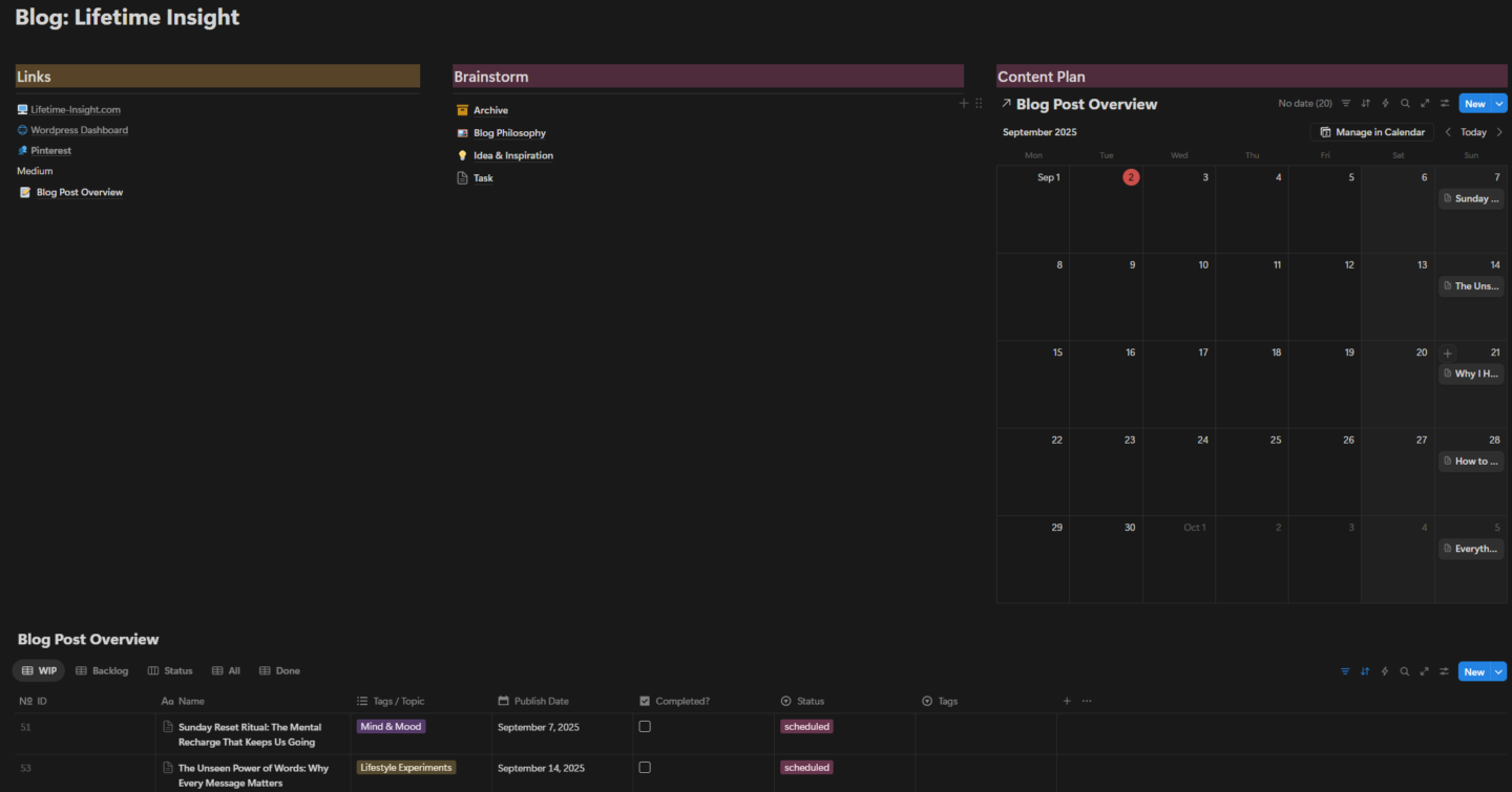 Everything that is connected with the blog-lifetime-insight is covered in this Notion Dashboard. from Ideas to finished blog posts