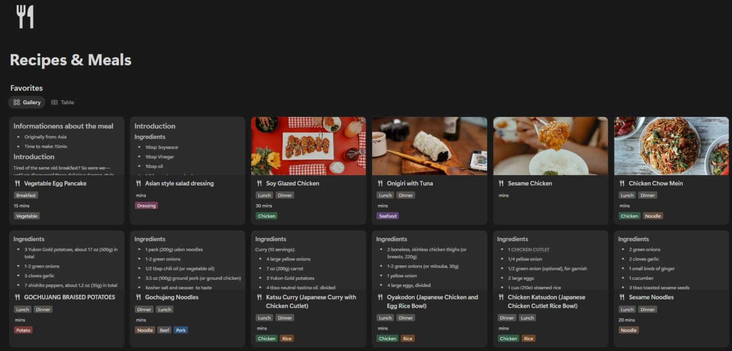 My favorites meals and recipes are all saved in Notion. Whenever i see a video or a recipe somewhere that i like, it ends up here.
