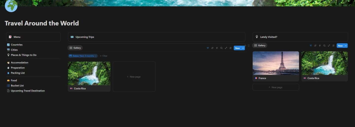 Everything about travelling is in this Notion Dashboard. Documents, photos, places and helpful informations